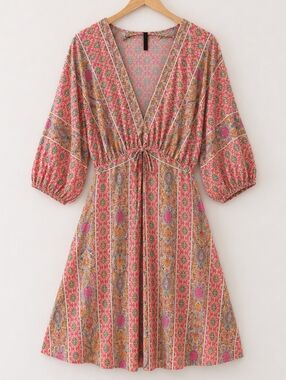 Boho Floral Balloon Sleeve Dress XL Beachy Resort Vacation Cottagecore